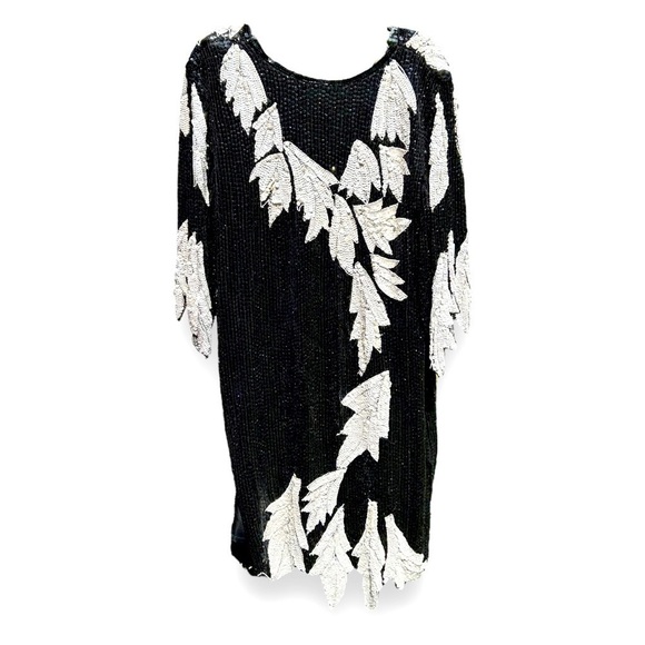 Swee Lo Vintage Sequins Flapper Dress Black White Short Sleeve 1920’s - Picture 1 of 7